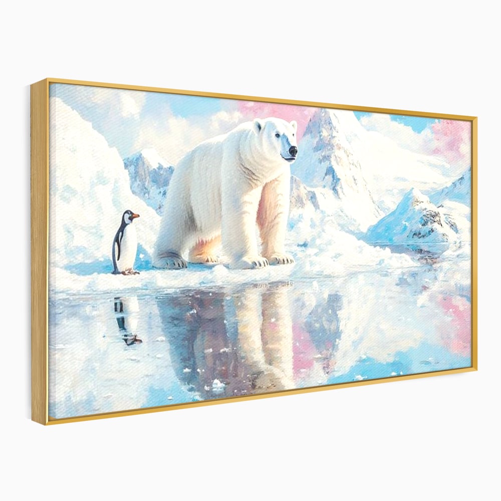 Tablou canvas cu tablou cu urs polar si pinguin pe ghetar, in rama de aluminiu auriu